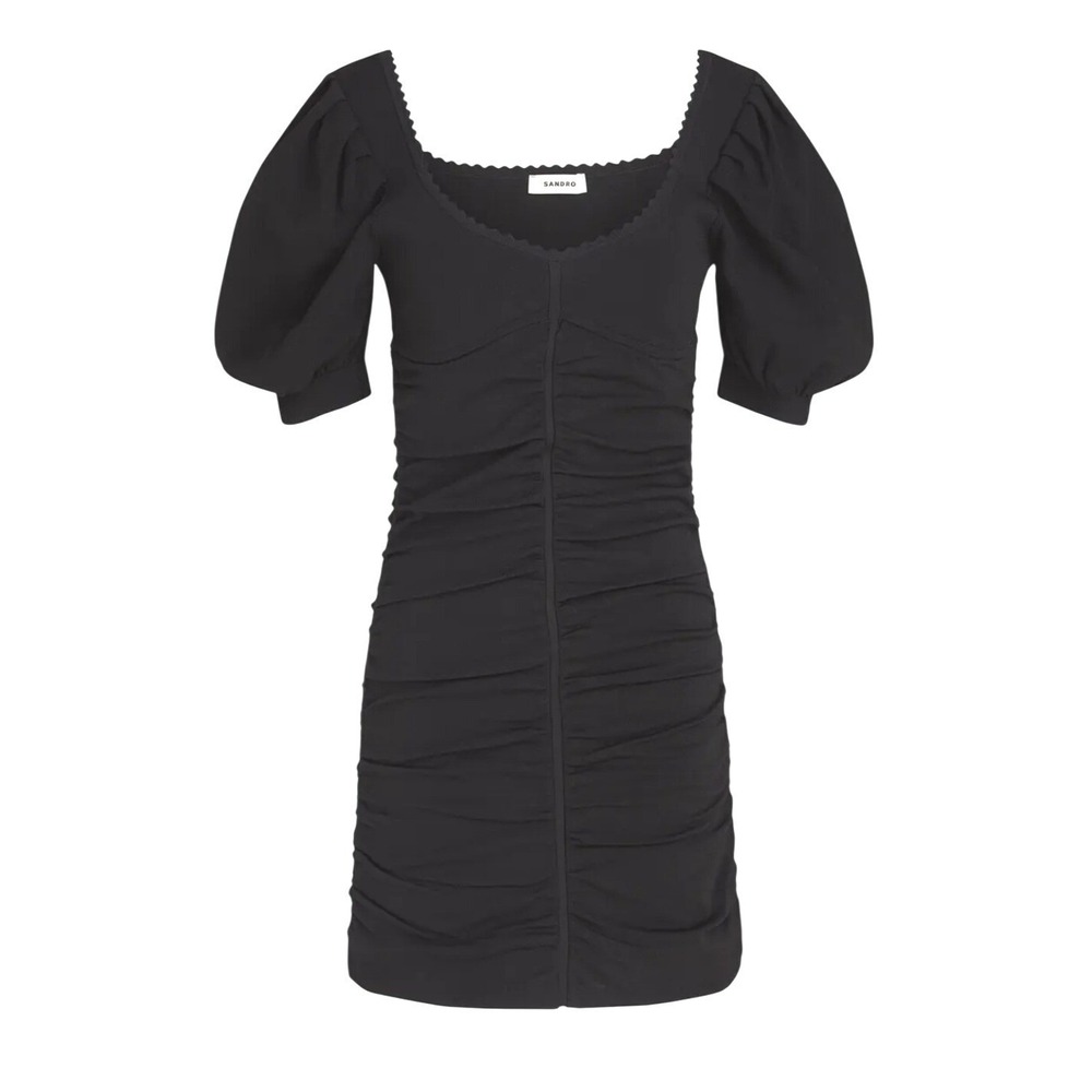Sandro Poitou Knit Mini Dress 38 US 6 Black Ruched Puff Sleeve‎ NWT LBD Event